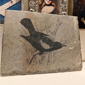 Vintage Red-Winged Blackbird Illustration on Stone Slate Signed‎ by artist